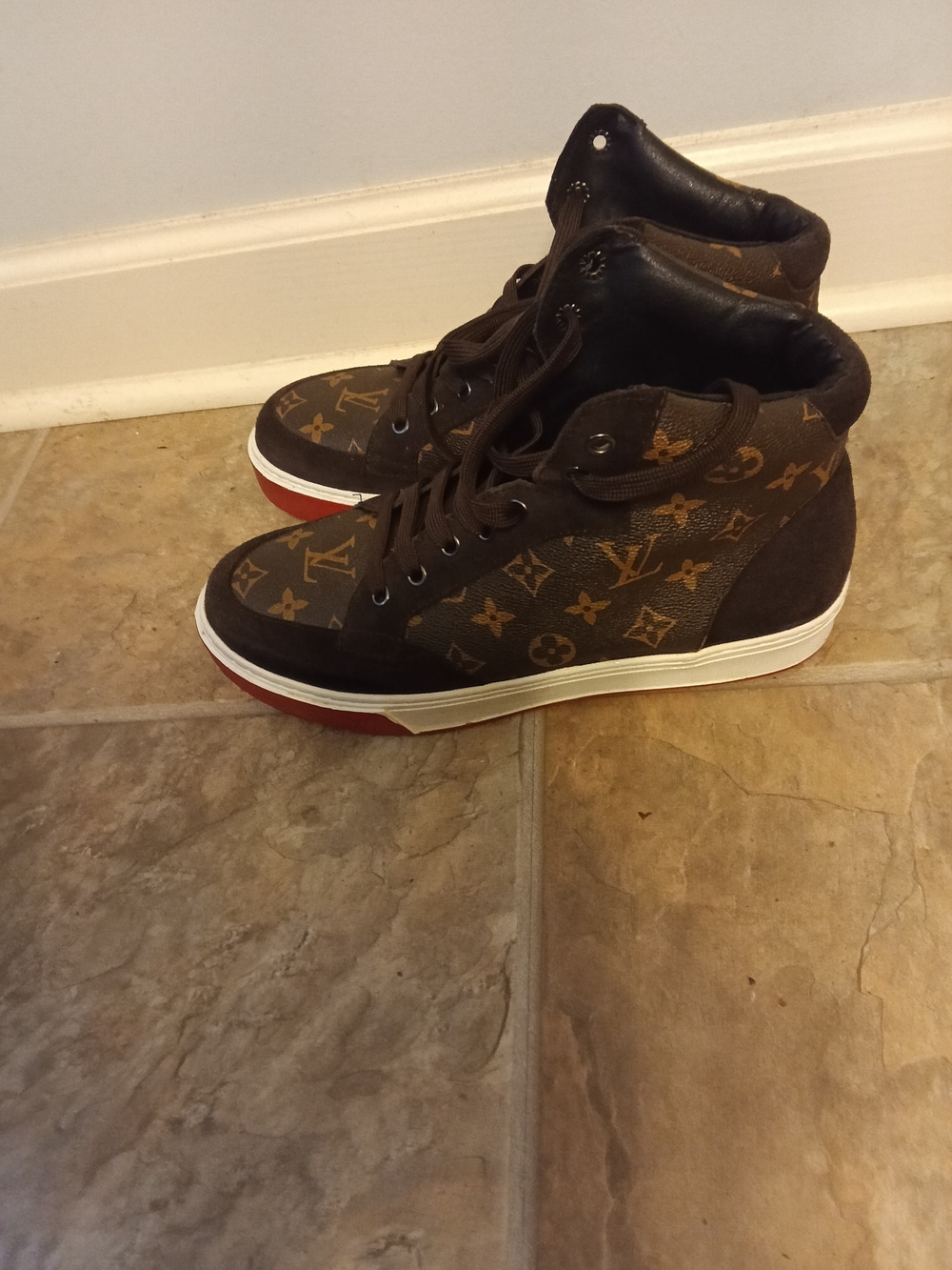 Louis Vuitton Brown Monogram High-Top Sneakers with Red Trim